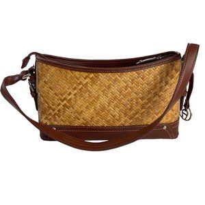 ETIENNE Ratten Hand Bag Faux Leather Trim Strap Center Zipper Pocket Two Pouches